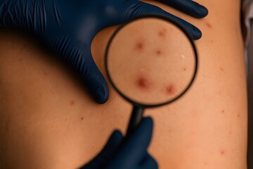 Close-up of inflamed red skin lesions being examined with a magnifying glass, highlighting dermatological diagnosis and skin health.