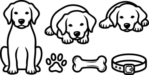 Obraz premium Cute puppy dog sitting lying down with bone paw collar simple black line art vector illustration