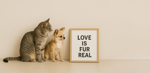 Pawlentines scene with cat and dog by love quote frame, background
