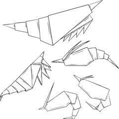 Black Ink Origami Shrimp Line Art