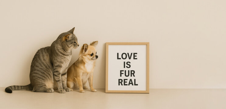Pawlentines scene with cat and dog by love quote frame, background