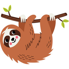 Naklejka premium Cute Brown Sloth Hanging From A Tree Branch With Green Leaves And A Transparent Background