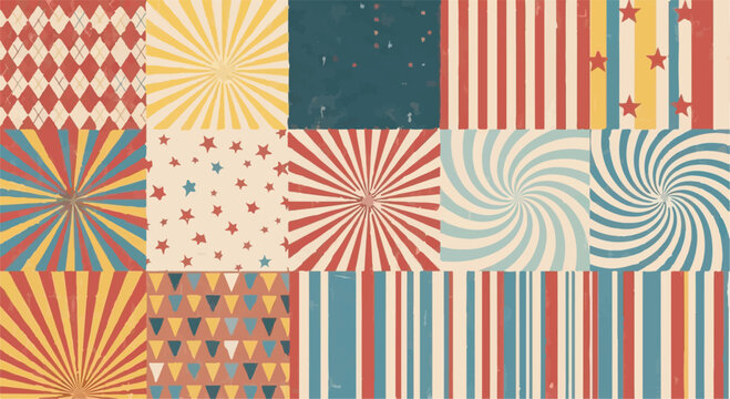 Collection of vintage seamless backgrounds with circus, carnival, and retro geometric patterns
