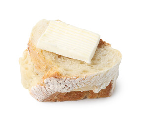 Slices of baguette with butter isolated on white