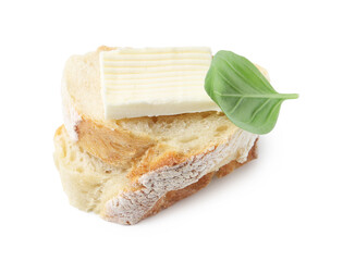 Slices of baguette with butter and basil isolated on white