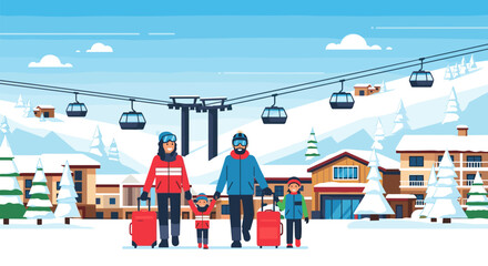 Family with luggage arriving at ski resort in winter scenery  