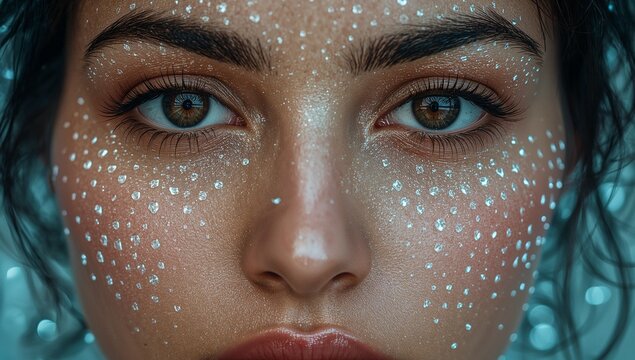 Close up of woman face with data reflection