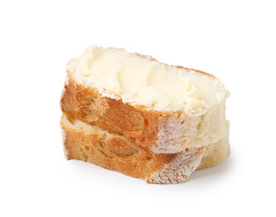Slices of baguette with butter isolated on white