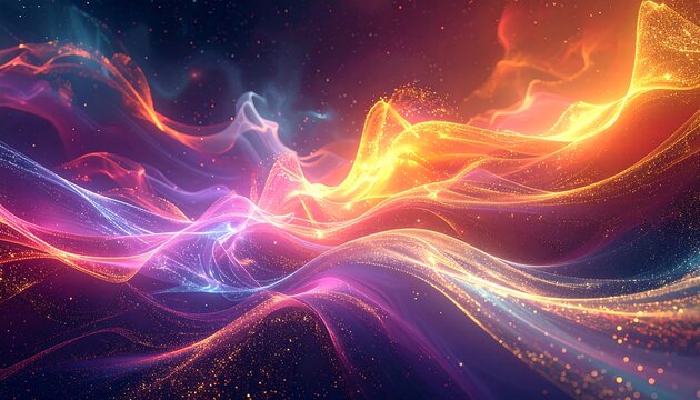 Flowing, colorful light waves with glittering particles on a dark backdrop create a dreamy, abstract visual experience