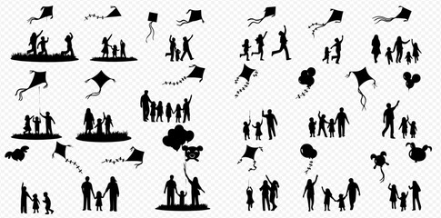 Silhouettes of families and children playing with kites in various poses.