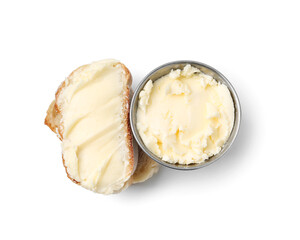 Slices of baguette with butter isolated on white, top view