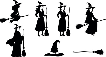 Witch silhouettes with pointed hats and broomsticks in various poses vector illustration for Halloween and magic themes
