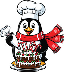 Cute Penguin Chef in Red Scarf Decorating Christmas Cake