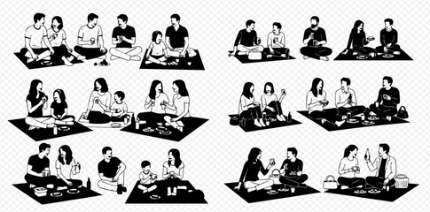 Multiple families are having a picnic on blankets, enjoying food and drinks together in a relaxed setting.