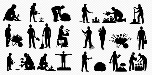Silhouettes of people gardening, planting, and working in the garden.