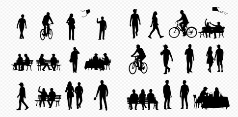 Silhouettes of people engaging in various activities, including walking, biking, sitting, and socializing.