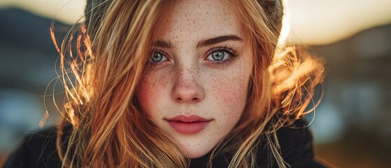 Smiling through change: uplifting vibes in an autumnal landscape. Creative concept. People and nature: embracing positivity among autumn leaves. Studio portrait. Hero shot.