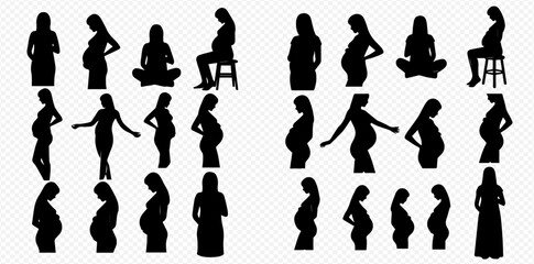 Silhouettes of pregnant women in various poses, showcasing different stages of pregnancy and positions.