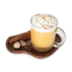 Tasty pumpkin latte with whipped cream in glass cup and spices isolated on white