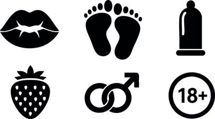 Sexual health and safe sex vector icons with lips, feet, condom, strawberry, gender symbol, and adult age warning