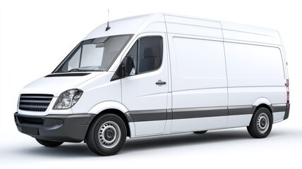 White delivery van isolated on white background, commercial transport vehicle for logistics, courier services, and urban freight transportation