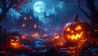 Eerie Halloween scene with illuminated pumpkins, a spooky mansion, trees, and a full moon in the night sky