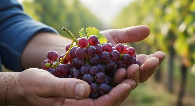 Farmer hands holding ripe red grapes freshly harvested from vineyard rows with soft sunlight creating a warm atmosphere