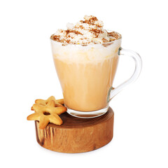 Tasty pumpkin spice latte with cookies isolated on white