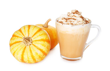 Tasty pumpkin spice latte and fresh vegetables isolated on white