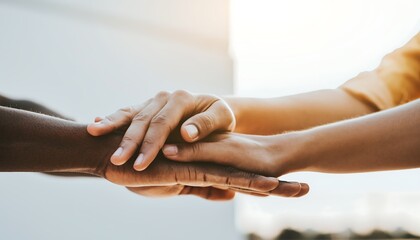 Close-up of diverse multiracial hands stacked together as a powerful symbol of unity, teamwork, and community support