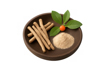 Ashwagandha roots and powder in a bowl with leaves and berry, promoting natural wellness and ayurvedic medicine on transparent background