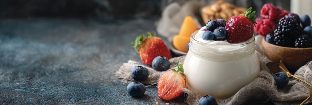Creamy yogurt in glass jar topped with fresh blueberries, surrounded by vibrant mixed berries on rustic dark background, showcasing natural breakfast ingredients