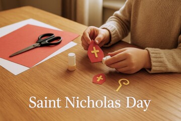 Saint nicholas day crafting, childs hands making holiday decorations