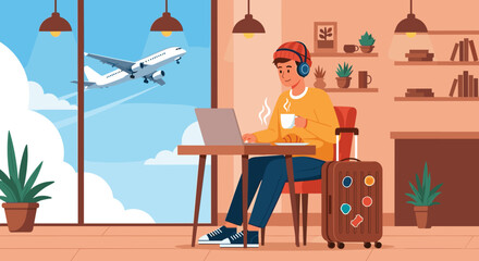 Young man working on laptop and enjoying coffee in modern cafe, the concept of remote work and digital nomads 