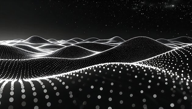 Digital abstract monochrome waves with dots form a landscape under a starry sky