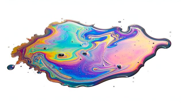Colorful oil slick on white background, showing swirling iridescent patterns and dark edges