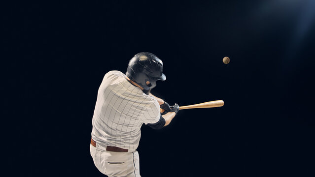 Baseball player hitting ball with bat during game action on dark background. Concept of peak athletic performance, coordination, and motion dynamics for sports promotion and media.