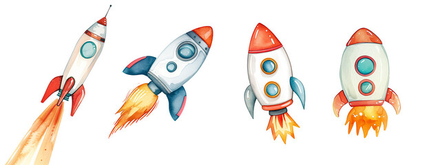 Fototapeta premium Set of four colorful cartoon rockets with fire trails, isolated on white background, symbolizing space travel, exploration, and imagination.