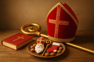 Sinterklaas festive setup with traditional cookies and red bishops hat