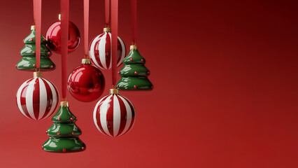Christmas holiday concept. Red and white striped baubles, solid red baubles, and green porcelain Christmas tree-shaped ornaments hanging on deep red background. Space for text.	