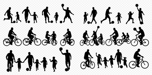 Silhouette illustrations of people playing sports and riding bikes, including adults and children, in various poses and activities.