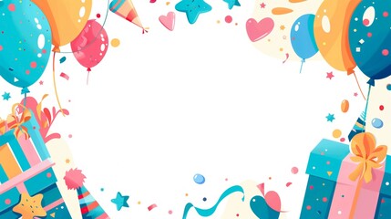 Illustrated festive background featuring pastel balloons, ribbons, and presents with stars, perfect for invitations, posters, or digital greetings.