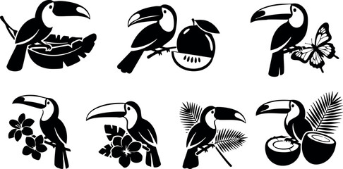 Obraz premium Toucan bird vector set with tropical fruits, flowers, leaves, and butterfly in black silhouette style for exotic wildlife design