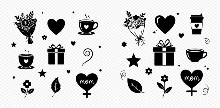 Mother's Day themed graphic elements: bouquets, hearts, gifts, coffee cups, and floral accents in black silhouette.
