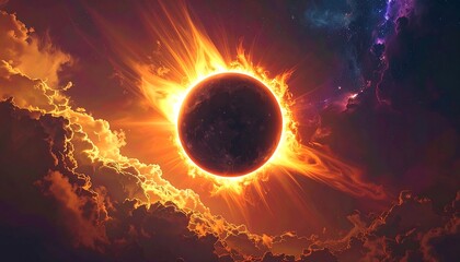 Digital art of a solar eclipse-like celestial event with brilliant orange flares and cosmic nebulous background
