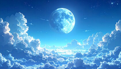 Obraz premium Ethereal sky scene with fluffy clouds and a large, glowing moon, bathed in soft, calming blue light, serene