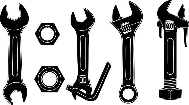 Adjustable wrench and pipe wrench vector set with nuts and spanner tools for mechanical and plumbing repairs
