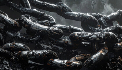 重厚なスチールチェーンが重なるダークインダストリアル背景 – Heavy Overlapping Steel Chains in Dark Moody Industrial Lighting
