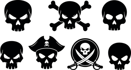 Fototapeta premium Pirate skull icons set with crossbones and swords vector illustration collection design