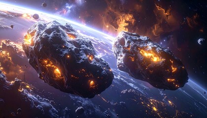 Digital art showing rocky asteroids ablaze, circling above a cloud-covered planet in a star-filled nebula